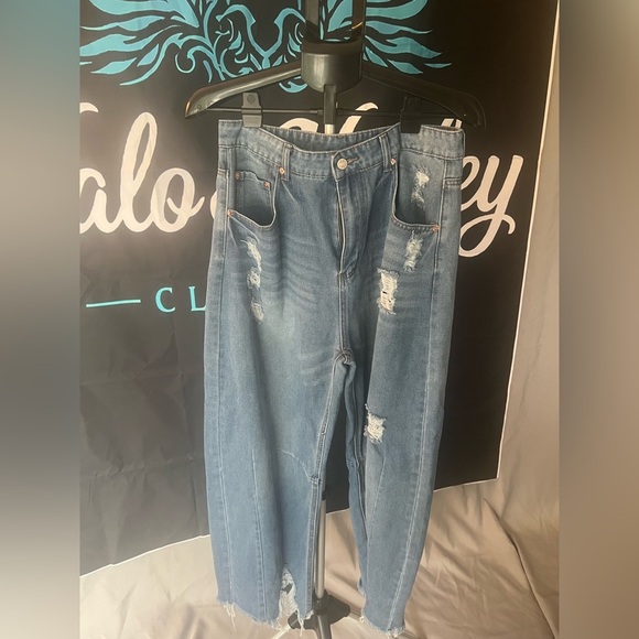 Blue Flare Wide Leg Jeans with Distressed Hem - Picture 10 of 13